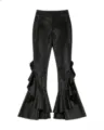 Glossy black faux leather flare pants detail featuring dramatic ruffled bell bottom cuffs. - S / Black
