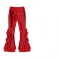 Red shiny metallic flared pants detail showing multi-layered side ruffles and high waist design. - S / Red
