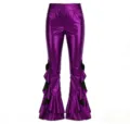 Detailed view of shiny purple metallic flare pants featuring black ruffle cuffs and high waist. - S / Dark Violet