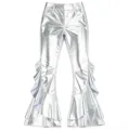Glossy metallic silver flared pants with ruffles and wide waist detail for stage wear. - S / White