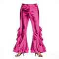 Metallic pink flare pants closeup showing shiny faux leather texture and dramatic ruffle hems. - Rose Red