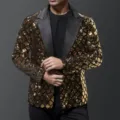 Men's black gold sequin blazer peak lapel party suit jacket detail view sparkle fashion clothing - S / Gold