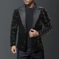 Detailed view of the black sequined men blazer with satin peak lapels for evening parties. - S / Black