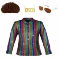 70s disco costume set details including rainbow sequin shirt, afro wig, and disco necklace. - 4 / Tops / Iridescent