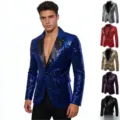 Blazer elegante de lentejuelas para hombre con solapa negra para fiestas y eventos. - Azul