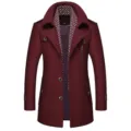 Men winter wool blend trench coat warm lapel jacket with scarf collar detail view - Fuschia