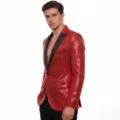 Primer plano del blazer de lentejuelas rojas con solapa de chal negra para el escenario. - S / Rojo