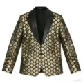 Detalle de chaqueta blazer de lentejuelas doradas para hombre con patron de rombos y solapa negra - X45 dorado