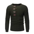 Herren dunkelgrüner Waffelstrick Langarm Pullover mit stilvoller Lederknopf Dekoration. - M / Dunkelgrün