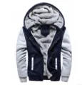 Thickened fleece-lined men's hooded jacket detail, cozy grey faux fur inside, dual-tone design. - M / Tops / Dark Blue + Light Gray
