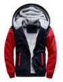 Thick grey fleece lining detail of men's color block winter zip up hoodie jacket. - M / Tops / Red+Blue