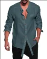 Men's casual long sleeve linen shirt with mandarin collar, loose fit and stylish daily wear. - M / Blue