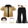 70s disco costume set for men boys metallic gold shirt flare pants retro party outfit - 4 / Top And Bottom / Gold
