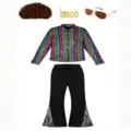 Kids 70s disco costume set with sequin shirt, flared pants, wig, sunglasses and necklace. - 4 / Top And Bottom / Colorful