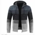 Heren colorblock gevoerde capuchon gebreid cardigan trui jas, stijlvolle winterkleding. - S / Donkerblauw en Lichtgrijs