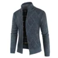 Men's zip-up knit cardigan sweater with diamond texture and stand collar for daily casual wear. - M / Navy Blue