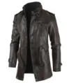 Blouson veste en cuir PU marron homme coupe slim col montant avec ceinture pour automne - M / DL464 Café