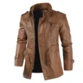 Veste en cuir PU marron pour homme col montant style décontracté manteau vintage chic - M / DL462 Brun Clair