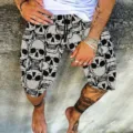 Men's skull printed casual shorts, comfortable drawstring waist, streetwear style. - M / Gray