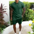 Mens Summer Solid Color Lapel Short Sleeve Polo Shirt And Shorts Casual Two Piece Set - S / Top And Bottom / Green