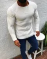 Weisser schmaler Herren Pullover Langarm Rundhals Strickpullover Freizeitoberteil Detail - S / Oberteile / Weiß