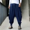 Men casual loose harem pants retro drop crotch baggy streetwear fashion trousers - S / Navy Blue