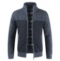 Men stand collar zip knit jacket detail, black quilted panel, warm cozy winter wear. - Navy Blue