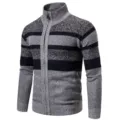 Men's full-zip striped knit cardigan featuring a high stand collar and cozy fabric detail. - M / Light Gray