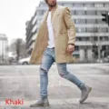 Mens wool blend trench coat mid-long lapel cardigan winter outerwear fashion casual style. - M / Khaki