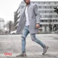 Detail view of men casual lapel wool blend trench coat street style outfit in grey color. - M / Gray