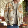 Men's vintage geometric jacquard shawl collar cardigan sweater with buttons and pockets. - M / Khaki