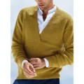 Men's mustard yellow V-neck knitted pullover sweater long sleeve casual top for men - S / Tops / Yellow