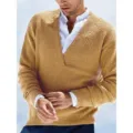 Men's Casual V-Neck Textured Long Sleeve Knitwear Pullover Sweater Yellow Variant - S / Tops / Khaki