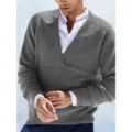 Men's Solid Color V-Neck Long Sleeve Knit Sweater Casual Pullover Grey Fashion Apparel - S / Tops / Gray