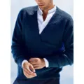 Men's deep blue V-neck knit sweater long sleeve pullover basic solid color casual stylish top. - S / Tops / Dark Blue