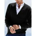 Men solid V-neck knitted sweater long sleeve casual pullover classic black knitwear fashion top - Black
