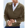 Men's V-Neck Casual Solid Color Long Sleeve Knit Sweater Pullover Fashion Top Wear - Brown