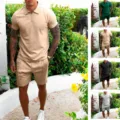 Men summer solid color polo short sleeve and shorts casual sportswear set multi color options. - S / Top And Bottom / Khaki