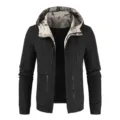 Detail view of men's hooded jacket in black with camo inner hood and large front pockets. - M / Black
