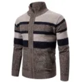 Men's Striped Knit Cardigan Stand Collar Full Zip Long Sleeve Sweater Casual Outerwear - M / Camel