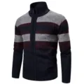 Detailed view of the men's striped knit cardigan sweater with stand collar and zipper. - M / Navy Blue