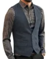 Men's herringbone tweed waistcoat, classic V-neck single-breasted business casual vest. - S / Tops / Navy Blue
