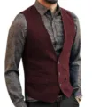 Men's Burgundy Herringbone Tweed Waistcoat Casual V-Neck Vest for Men Daily Wear - S / Tops / Burgundy