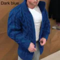 Herren dunkelblaue Zopfmuster Strickjacke Stehkragen Langarm Freizeit Winter Cardigan. - Blau