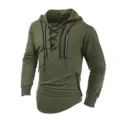 Men's casual army green long sleeve hoodie featuring lace-up neckline and zipper pocket. - S / Tops / Green