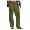 Men casual linen trousers loose fit elastic drawstring waist solid color summer beach pants - S / Bottoms / Green