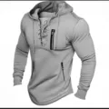 Men's Casual Grey Hooded Sweatshirt Streetwear Fashion Lace-Up Zip Pocket Pullover Tops - Light Gray