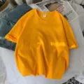 T-shirt court uni en coton jaune pour femme, haut d'été ample de style coréen décontracté. - M / Hauts / Jaune