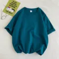 Camiseta holgada de manga corta verde azulado liso, top básico de verano casual. - Azul lago