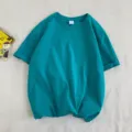 Camiseta de manga corta de color liso, top casual de verano holgado para mujeres. - Azul cian